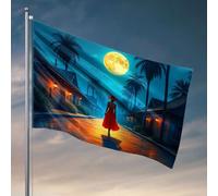 Bandiere per i ragazzi Una donna in un vestito rosso cammina sotto una luna piena, circondata da palme. Bandiera uomo grotta bandiere roba per la tua stanza (120 x 180 cm)