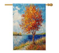 Bandiere per la casa con albero autunnale dipinto a olio 71 x 101 cm su entrambi i lati per esterni, paesaggio naturale autunnale standard verticale su tela per la casa, fiume fiore cortile cortile