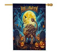 Bandiere per la casa con anchilosauro di Halloween, 71 x 102 cm, su entrambi i lati, per decorazioni, cimitero di dinosauri, bandiere per la casa, bandiere decorative per cortile in iuta con zucche