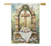 Bandiere per la casa con croce pasquale primaverile, 71 x 101 cm, double face, per esterni, fiori di campo, uova di tomba, tela verticale, bandiera per la casa, bandiera con stampa naturale scenica