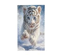 Bandiere per la casa con cucciolo di tigre bianca che gioca nella neve, 0,9 x 1,5 m, striscione di auguri con occhielli per interni ed esterni, decorazioni per la casa