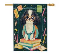 Bandiere per la casa con disegno di un cane giapponese con matite e libri, 71 x 101 cm, double face, per esterni, per rientro a scuola, cuccioli, standard verticale, per la casa, per lezioni