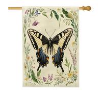Bandiere per la casa con farfalle a coda di rondine primaverile, 71 x 101 cm, double face, vintage con piante floreali standard, bandiere per la casa in iuta, bandiere per insetti sul retro del