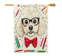 Bandiere per la casa con matite per cani barboncino, 71 x 101 cm, per esterni, divertente per il ritorno a scuola, bandiere verticali standard per la casa, bandiere per la casa in lino per i