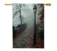 Bandiere per la casa con paesaggio con lampione autunnale, 71 x 101 cm, double face, per esterni, parco autunnale, nebbia, foglia d'acero, tela verticale, bandiera per la casa, bandiera urbana con