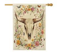Bandiere per la casa con teschio di toro primaverile, 71 x 101 cm, su entrambi i lati, bandiere per la casa in iuta standard con piante floreali occidentali, bandiere per il cortile del paese