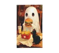 Bandiere per la casa da cortile con fantasma che mangia un hamburger e patatine fritte, 0,9 x 1,5 m, striscione di auguri con occhielli per interni ed esterni, decorazioni per la casa