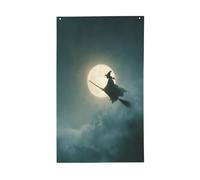 Bandiere per la casa da cortile con la luna piena, motivo strega sulla sua scopa, 9 x 1,5 m, con occhielli, decorazioni per interni ed esterni, feste per la casa