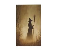 Bandiere per la casa da cortile con strega nel bosco nebbioso, 0,9 x 1,5 m, striscione di auguri con occhielli per interni ed esterni, decorazioni per la casa