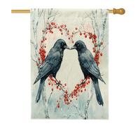 Bandiere per la casa degli uccelli con corvi dei corvi 71,1 x 101,6 cm, double face, decorative, per San Valentino, foresta innevata, bandiere per la casa, in tela a forma di cuore, per esterni