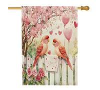 Bandiere per la casa degli uccelli con pappagalli, 71,1 x 101,6 cm, su entrambi i lati, per decorazione, per San Valentino, recinzioni, fiori in tela, bandiere per la casa, bandiere floreali in iuta