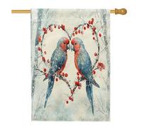 Bandiere per la casa degli uccelli con pappagalli, 71,1 x 101,6 cm, su entrambi i lati, per decorazione, San Valentino, foresta innevata, per cortile, casa, cortile, bandiere per esterni