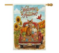 Bandiere per la casa dei gatti abissini autunnali con camion rosso, 71 x 101 cm, per esterni, autunnali, campagna, zucca, raccolta, bandiere verticali standard, decorazione per esterni