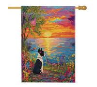 Bandiere per la casa del cane Boston Terrier primaverile, 71 x 101 cm, doppio lato, paesaggio marino floreale, bandiere per la casa in iuta standard, bandiere per il cortile degli animali domestici