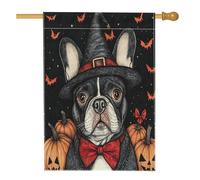 Bandiere per la casa del cane Bulldog francese della strega di Halloween, 71 x 101 cm per esterni, spaventoso zucca, pipistrello, cucciolo, bandierine verticali standard per la casa, bandiere per la