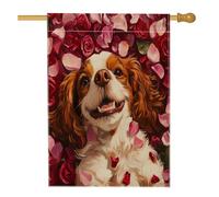 Bandiere per la casa del cane Cavalier King Charles Spaniel di San Valentino, 71 x 101 cm, double face, per esterni, con cucciolo di rosa, bandiera verticale standard per la casa, bandiera per la casa