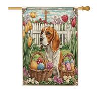 Bandiere per la casa del cane con beagle pasquale primaverile, 71 x 101 cm, double face, per esterni, uova di fattoria, croce, cucciolo, bandierine verticali standard per la casa, decorazione vintage