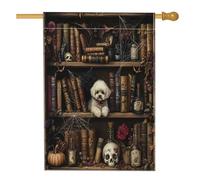 Bandiere per la casa del cane con Bichon Frise, 71 x 101 cm, double-face, per esterni, libri magici spaventosi con streghe e cuccioli, bandiera verticale in tela per la casa, per animali domestici
