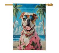 Bandiere per la casa del cane con bulldog da spiaggia, 71 x 101 cm, double face, per esterni, divertente, hawaiana, palma, tela verticale, bandiera per la casa, per cortile e cortile