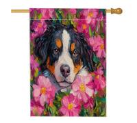 Bandiere per la casa del cane da montagna del Bernese 71,1 x 101,6 cm su entrambi i lati, pittura a olio con fiori di pesco sul cortile, bandiere verticali per la casa, bandiere di iuta per animali