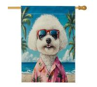 Bandiere per la casa del cane da spiaggia Bichon Frise, 71,1 x 101,6 cm, double face, decorative, divertenti, con palma delle Hawaii, in tela, per la casa, per esterni