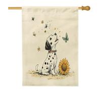 Bandiere per la casa del cane dalmata primaverile, 71 x 101 cm, double face, per esterni, girasole, piante, fiori, tela verticale, bandiere per la casa, bandiera con stampa per animali domestici