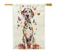 Bandiere per la casa del cane dalmata primaverile, 71 x 101 cm, double face, per esterni, graziose farfalle floreali in lino verticale, bandiere per la casa, bandiera con stampa per animali domestici