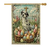 Bandiere per la casa del cane dalmata primaverile pasquale, 71 x 101 cm, double face, per esterni, uova di fattoria, croce, cucciolo, bandierine verticali standard per la casa, decorazione vintage per