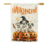 Bandiere per la casa del cane dalmata strega di Halloween, 71 x 101 cm, double face per esterni, strega spaventosa zucca cucciolo di zucca standard verticale bandiere per la casa, divertente