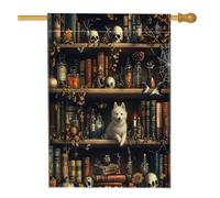 Bandiere per la casa del cane degli eschimesi di Halloween, 71 x 101 cm, double-face, per esterni, libri magici spaventosi con streghe magiche, cuccioli, bandiera verticale in tela per la casa