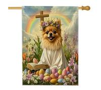 Bandiere per la casa del cane della Pomerania pasquale primaverile 71 x 101 cm su entrambi i lati per esterni, retro croce uova cucciolo lino bandiera verticale per casa, bandiera per la casa, cortile