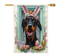 Bandiere per la casa del cane dobermann di Pasqua primaverile, 71 x 101 cm, su entrambi i lati, divertenti uova di coniglietto standard, bandiere per la casa del cortile degli animali domestici