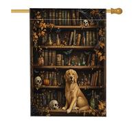 Bandiere per la casa del cane Golden Retriever di Halloween, 71 x 101 cm, double-face, per esterni, libri magici spaventosi con streghe e cuccioli, bandiera verticale in tela per la casa, bandiera per