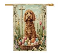 Bandiere per la casa del cane Labradoodle primaverile pasquale, 71 x 101 cm, double face, per esterni, uova di fattoria, croce, cucciolo, bandierine verticali standard per la casa, decorazione vintage