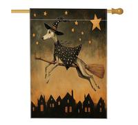 Bandiere per la casa del cane levriero di Halloween, 71,1 x 101,6 cm, double face, per decorazioni, con scopa da strega, stelle, per cortile, casa, tela, animali domestici, bandierine decorative per