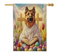 Bandiere per la casa del cane pastore tedesco primaverile pasquale, 71 x 101 cm, double face, per esterni, con croce retrò, uova di cucciolo, bandiera verticale in tela per la casa, bandiera per la
