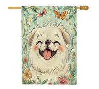 Bandiere per la casa del cane pechinese primaverile 71,1 x 101,6 cm su entrambi i lati, fiori dei cartoni animati, bandiere verticali per la casa, bandiere di iuta per animali domestici decorazione