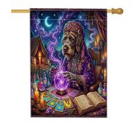 Bandiere per la casa del cane puntatore a pelo metallico della strega di Halloween 70 x 101 cm su entrambi i lati per esterno, cucciolo di strega tarocchi spaventosi tela verticale bandiera per la