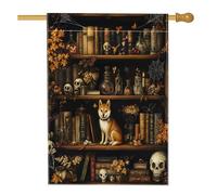 Bandiere per la casa del cane Shiba Lnu, per Halloween, 71 x 101 cm, double-face, per esterni, libri magici spaventosi con streghe e cuccioli, bandiera verticale in tela per la casa, per animali