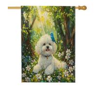 Bandiere per la casa del cane Spring Bichon Frise, 71 x 101 cm, su entrambi i lati, graziose bandiere per la casa in iuta standard Bluebird Forest, bandiere per animali domestici decorazione per