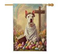 Bandiere per la casa del cane Spring Easter Bull Terrier, 71 x 101 cm, double face, per esterni, con uova incrociate retrò, stampa verticale in tela di lino, bandiera per casa, cortile e cortile