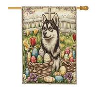 Bandiere per la casa del cane Spring Easter Huskys 71 x 101 cm su entrambi i lati per esterni, uova di fattoria incrociate cuccioli standard verticali bandiere per la casa, decorazione vintage per
