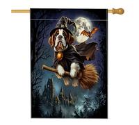 Bandiere per la casa del cane strega di San Bernardo di Halloween, 71 x 101 cm, per esterni, con cucciolo di castello spaventoso, bandiere verticali standard per la casa, divertenti bandiere con