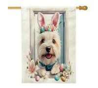 Bandiere per la casa del cane Westie di Pasqua primaverile, 71 x 101 cm, su entrambi i lati, divertenti uova di coniglietto standard, bandiere per la casa del cortile degli animali domestici
