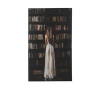 Bandiere per la casa del cortile della libreria con la donna davanti alla libreria, 3 x 1,5 m, striscione di auguri con occhielli per interni ed esterni, decorazioni per la casa