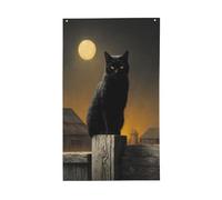 Bandiere per la casa del cortile della luna, con gatto nero su vecchio recinto in legno, 0,9 x 1,5 m, striscione di auguri con occhielli per interni ed esterni, decorazioni per la casa