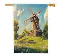 Bandiere per la casa del mulino a vento primaverile, 71,1 x 101,6 cm, double face, paesaggio, campo floreale, cortile, cortile, verticale, bandiere per la casa, bandiere in iuta per fattoria