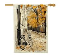 Bandiere per la casa della bicicletta autunnale ad acquerello, 71 x 101 cm, per esterni, città autunnale, acero, bick, paesaggio, standard, verticale, per la casa, per il Ringraziamento, cortile