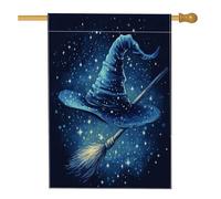 Bandiere per la casa della strega di Halloween con scopa magica, 71 x 101 cm, double face, per esterni, simpatico cappello da strega in stile cartone animato, bandiera verticale in tela per la casa