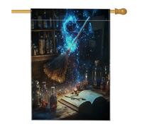 Bandiere per la casa della strega di Halloween con scopa magica, 71 x 101 cm, double face, per esterni, divertente libro di streghe fantasy, tela verticale, bandiera per la casa, scenica sul cortile